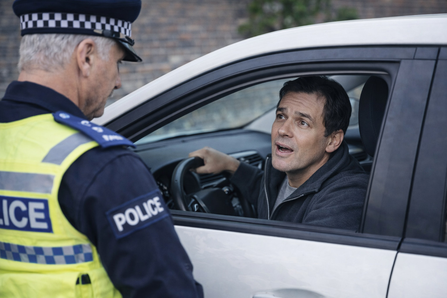 UK police officer speaking with driver during roadside stop