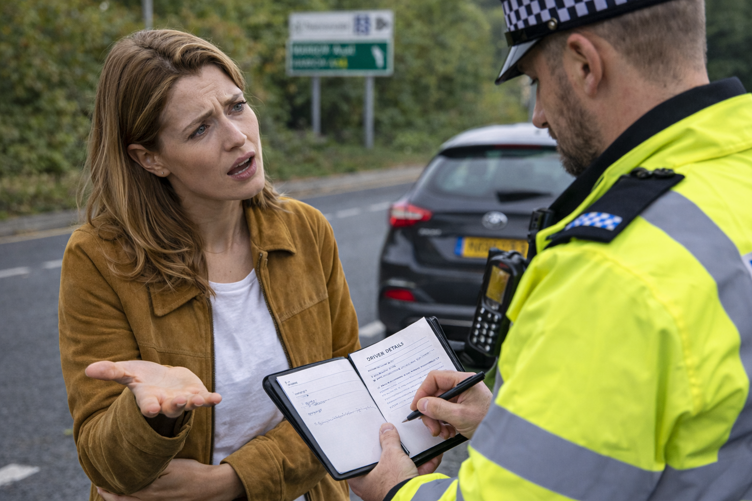 Police checking driver documents during traffic stop